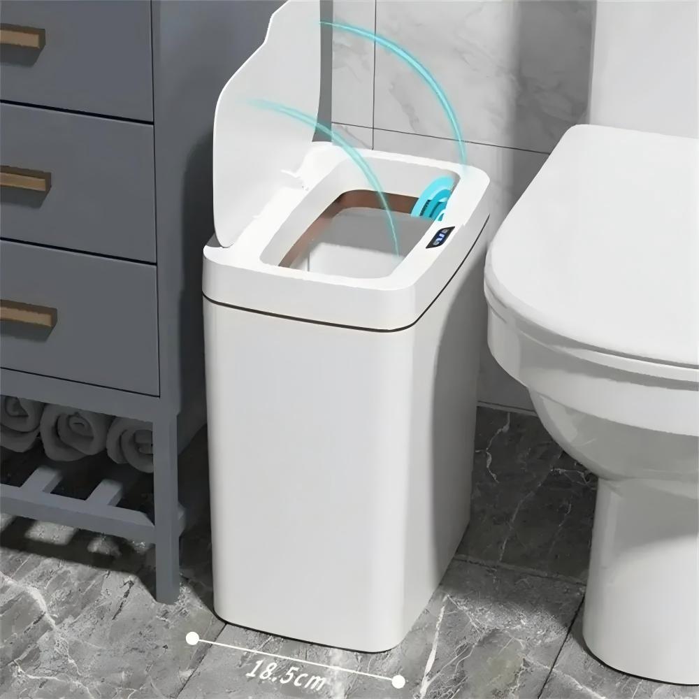 Smart Home Junkie - ถังขยะอัจฉริยะแบบไร้สัมผัส 15 ลิตร สีขาว – ถังขยะอิเล็กทรอนิกส์สำหรับห้องน้ำพร้อมระบบบรรจุถุงอัตโนมัติ