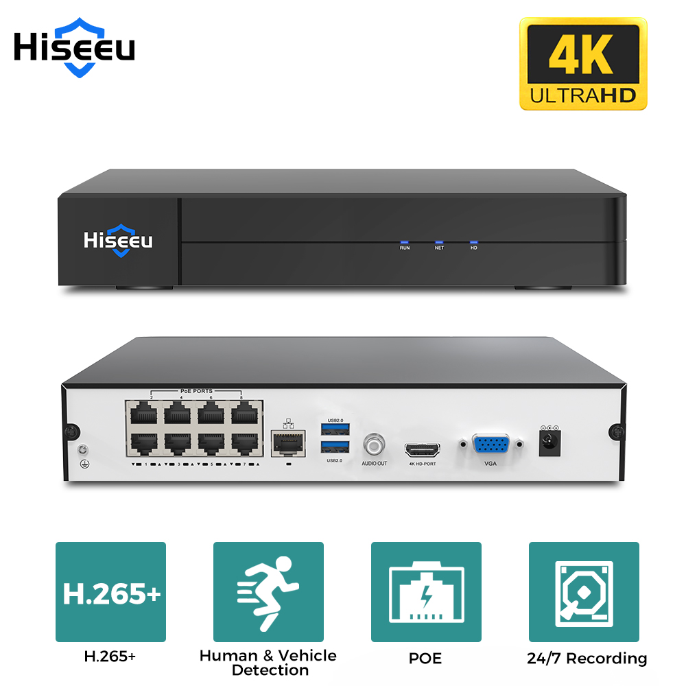 Security Ip Camera - เครื่องบันทึกวิดีโอเครือข่าย Hiseeu 8CH 4K PoE NVR