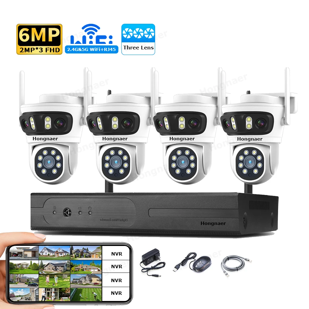 Security Ip Camera - ชุดกล้องวงจรปิดรักษาความปลอดภัยภายในบ้าน Hongnaer 6MP 4CH 3 เลนส์